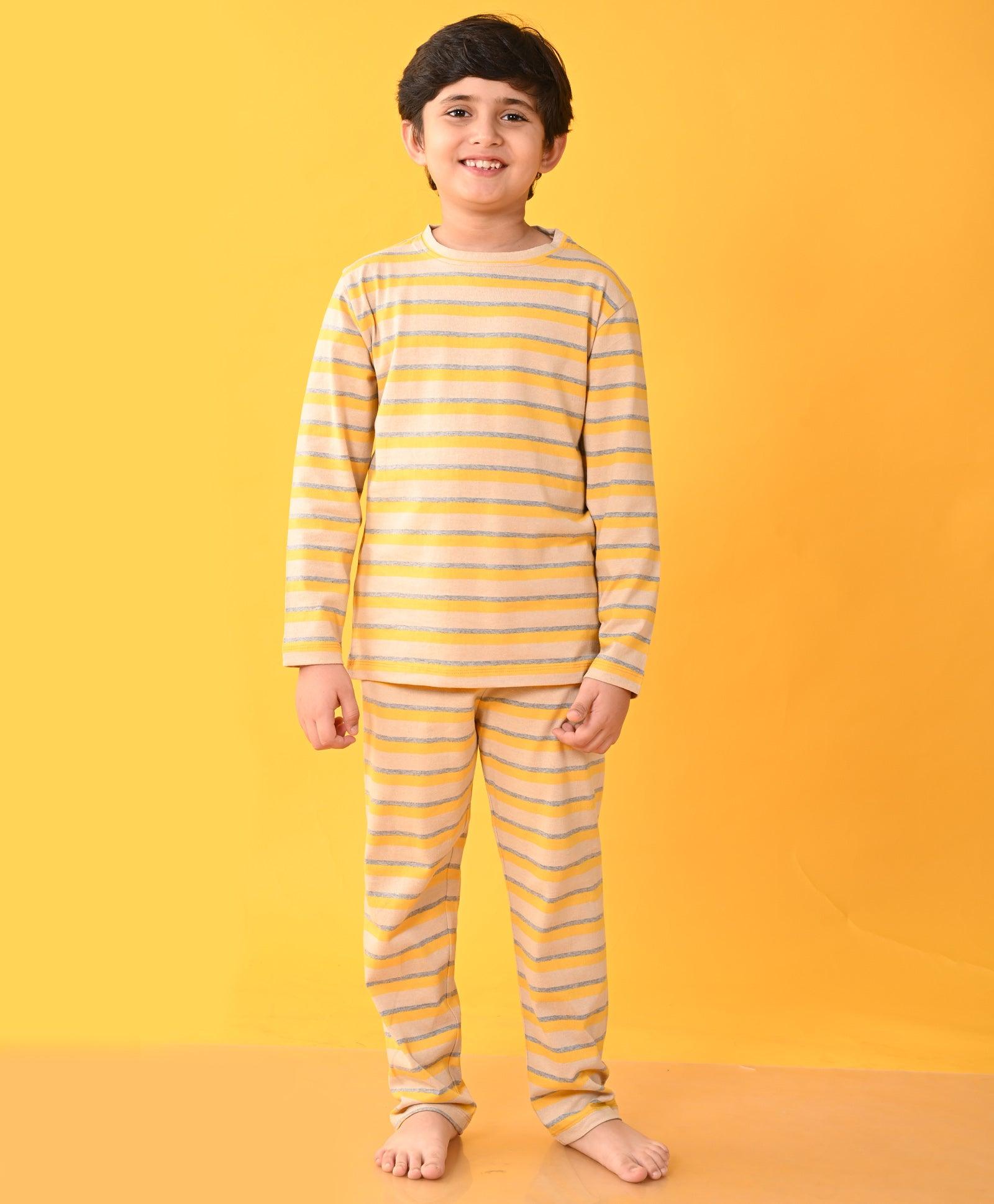 YELLOW GREY BEIGE STRIPED LONG SLEEVES BOYS PYJAMA SET