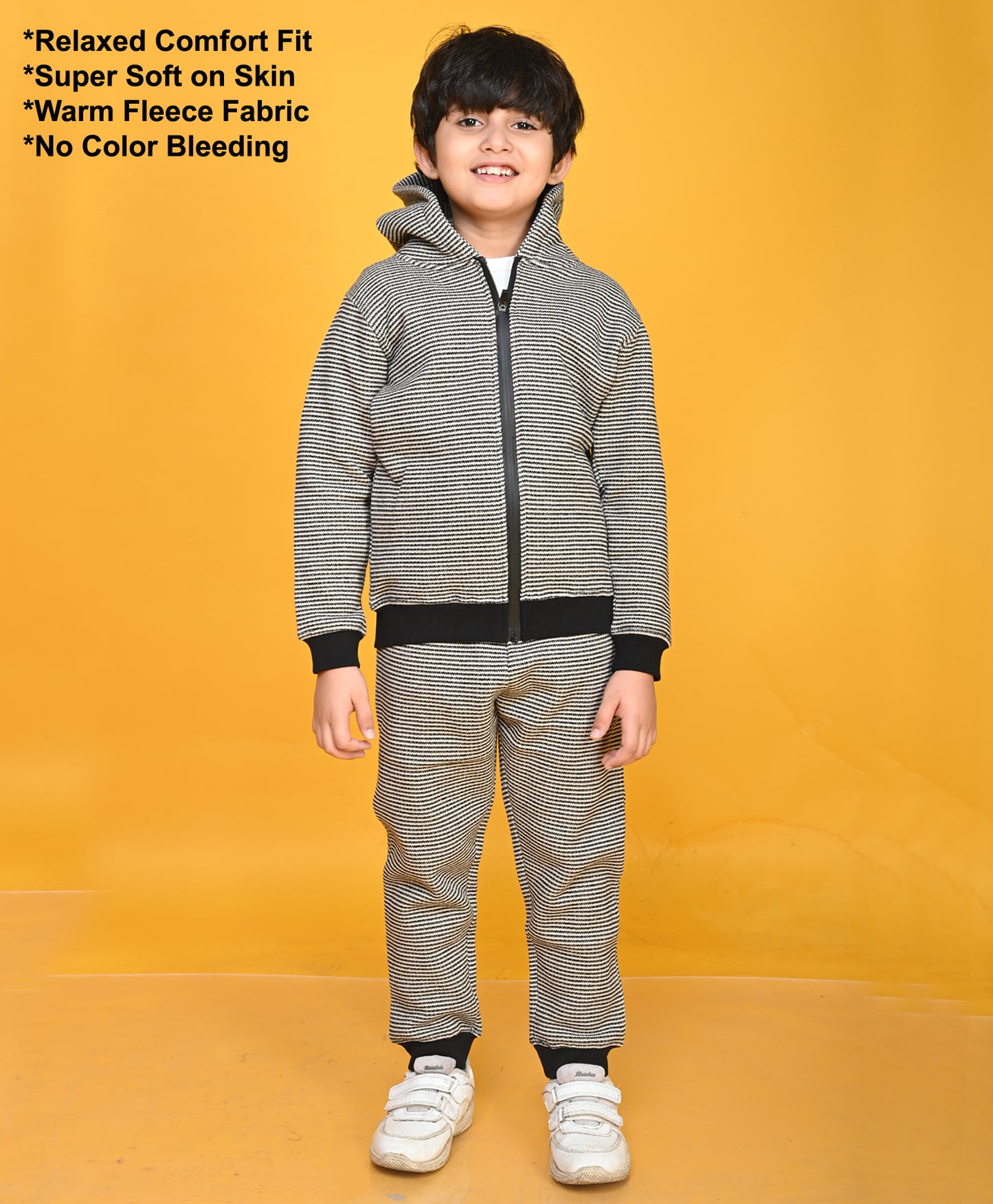 BLACK BEIGE KNITTED BOYS HOODIE JOGGER SET - BLACK