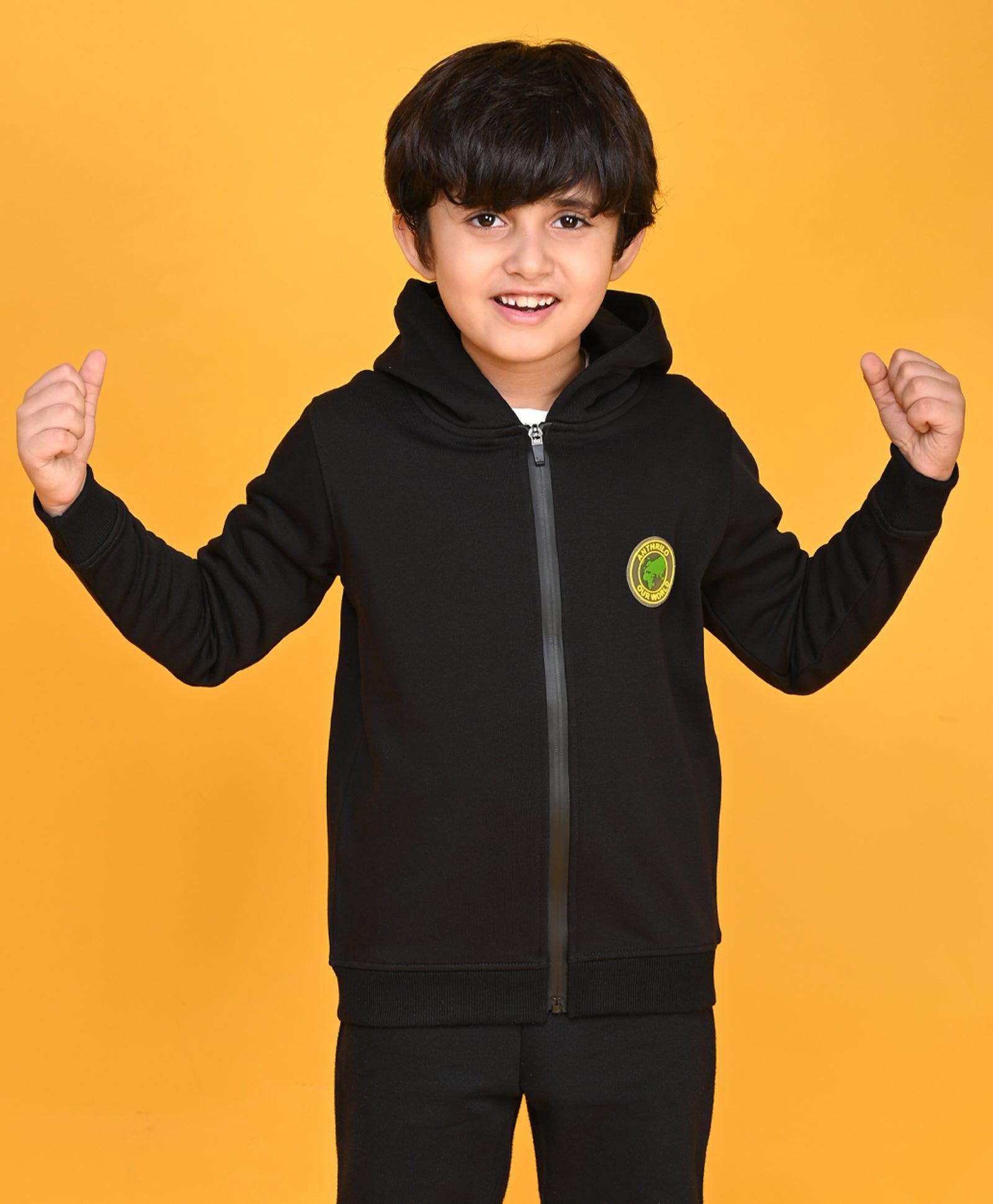 BLACK SPORTY BOYS FLEECE ZIPPER HOODIE - BLACK - Anthrilo 