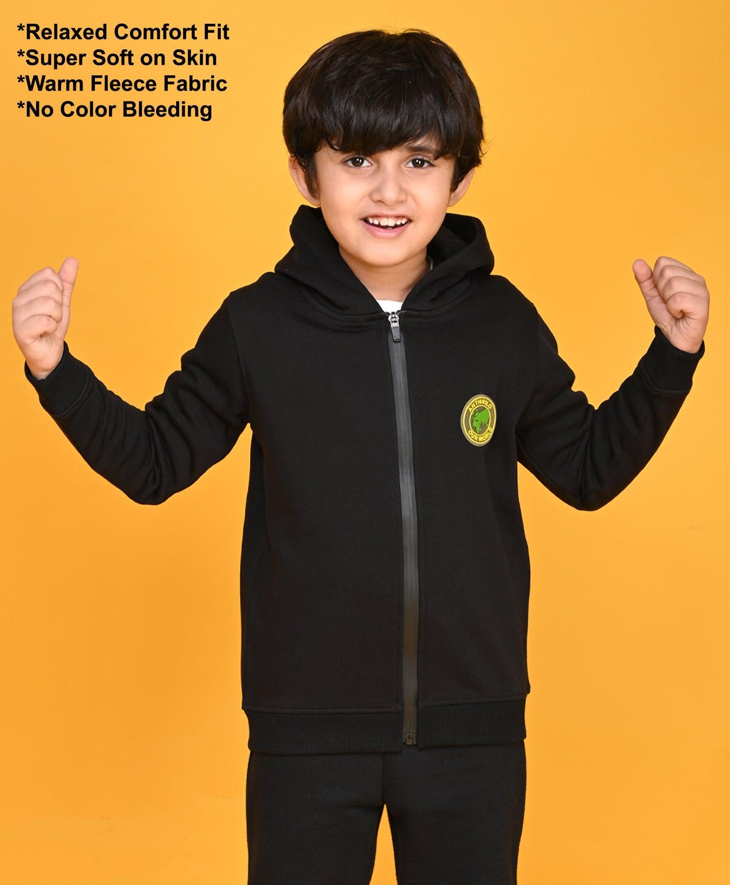 BLACK SPORTY BOYS FLEECE ZIPPER HOODIE - BLACK - Anthrilo 