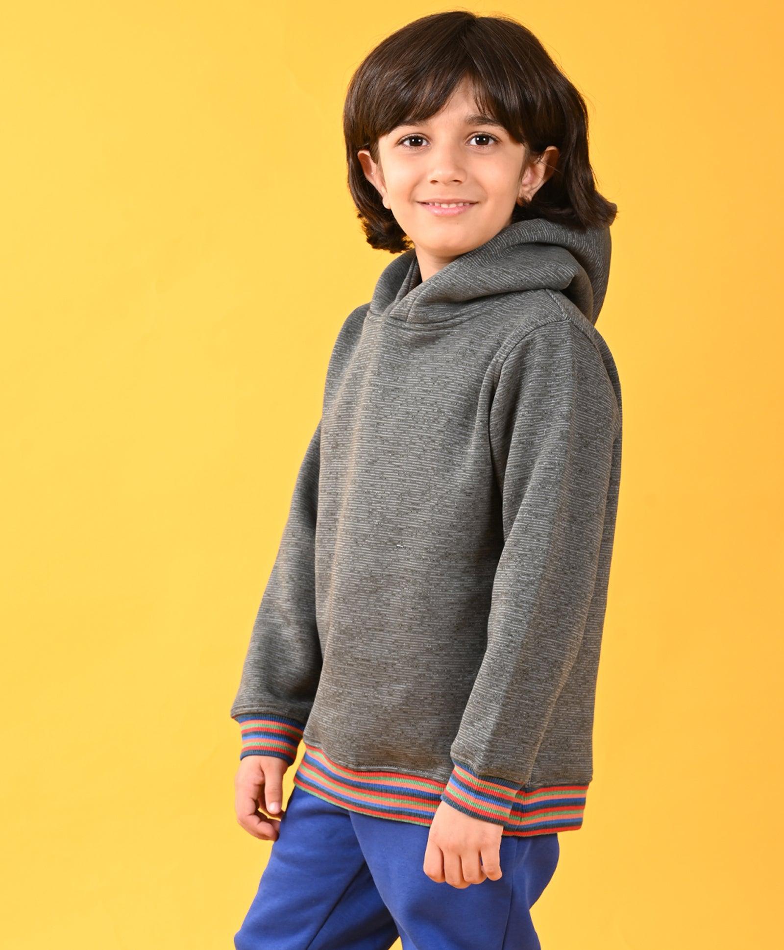 DARK GREY MELANGE FLEECE MULTICOLOR RIB HOODIE - GREY - Anthrilo 