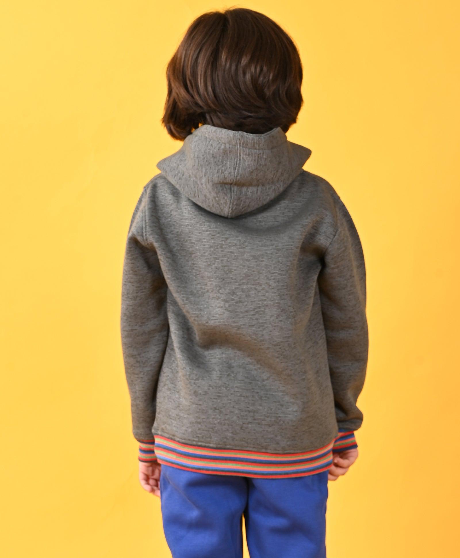 DARK GREY MELANGE FLEECE MULTICOLOR RIB HOODIE - GREY - Anthrilo 