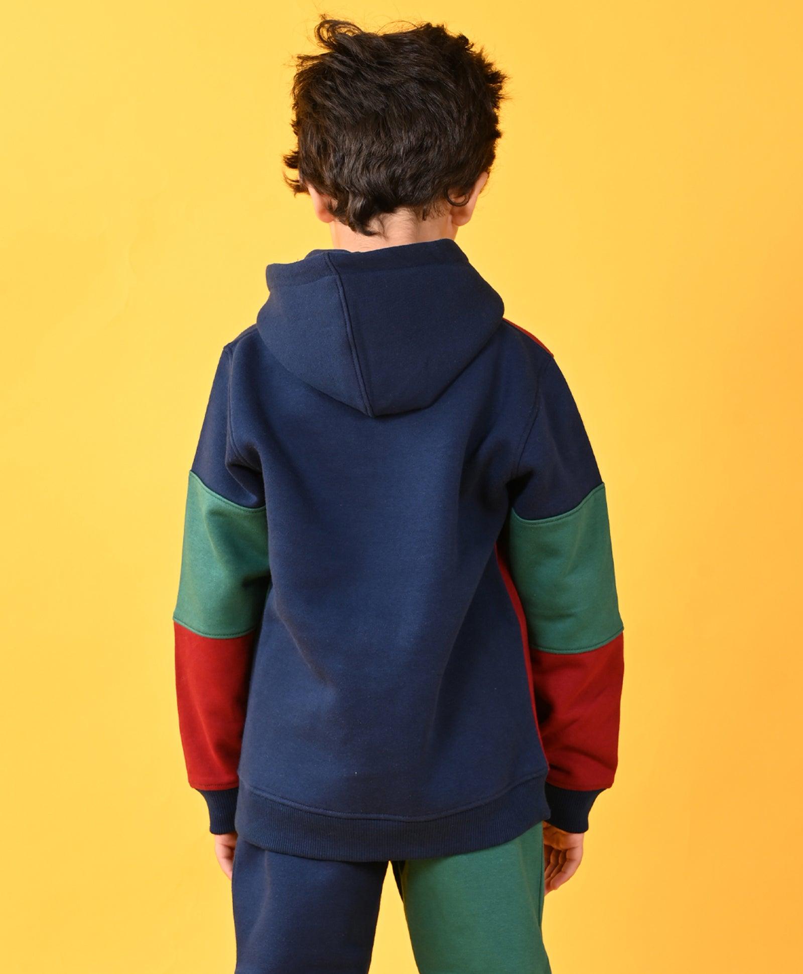 NAVY MEHROON GREEN COLOR BLOCK FLEECE HOODIE - NAVY - Anthrilo 