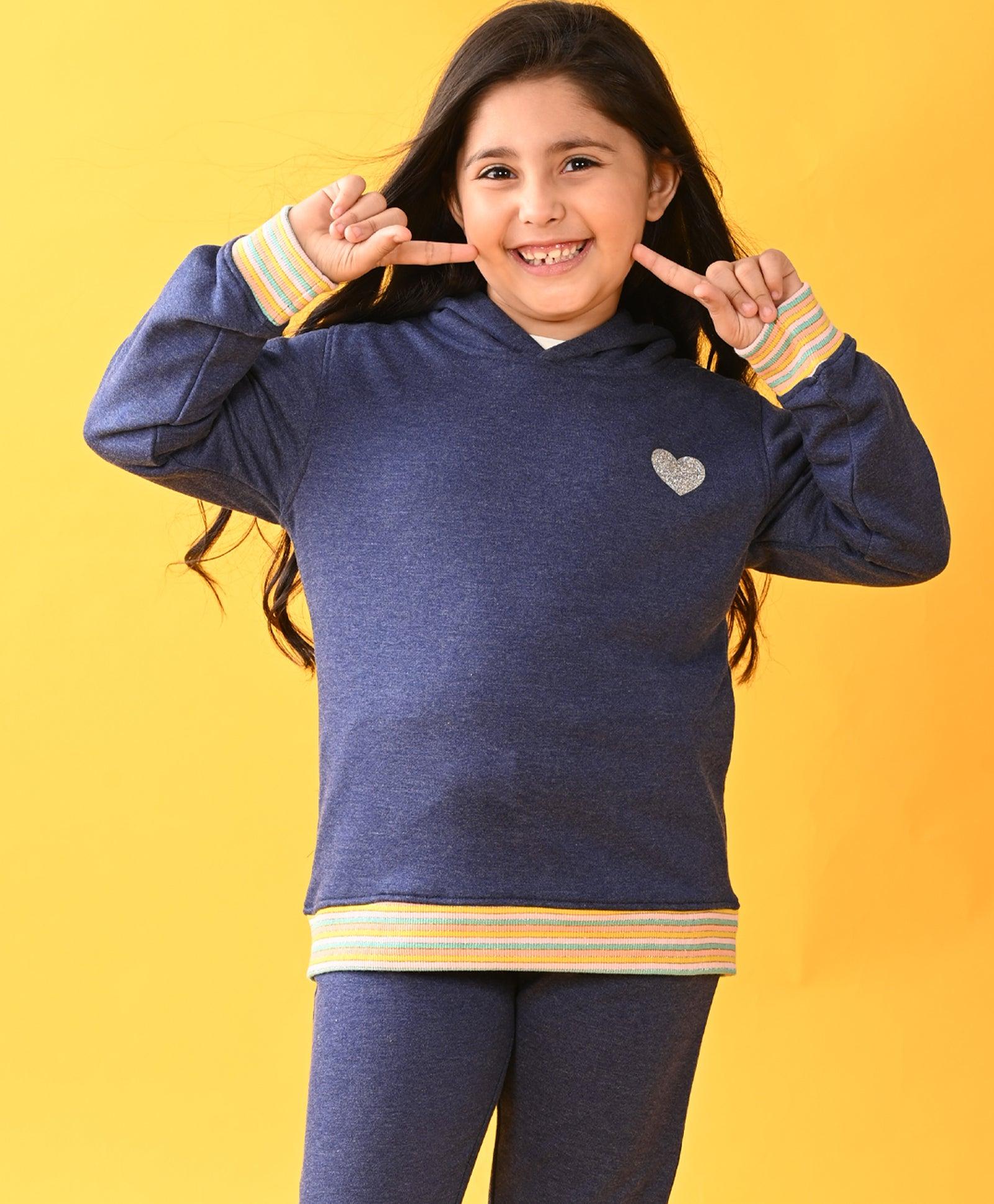 BLUE MELANGE FUN RIB TERRY GIRLS HOODIE D - BLUE - Anthrilo 