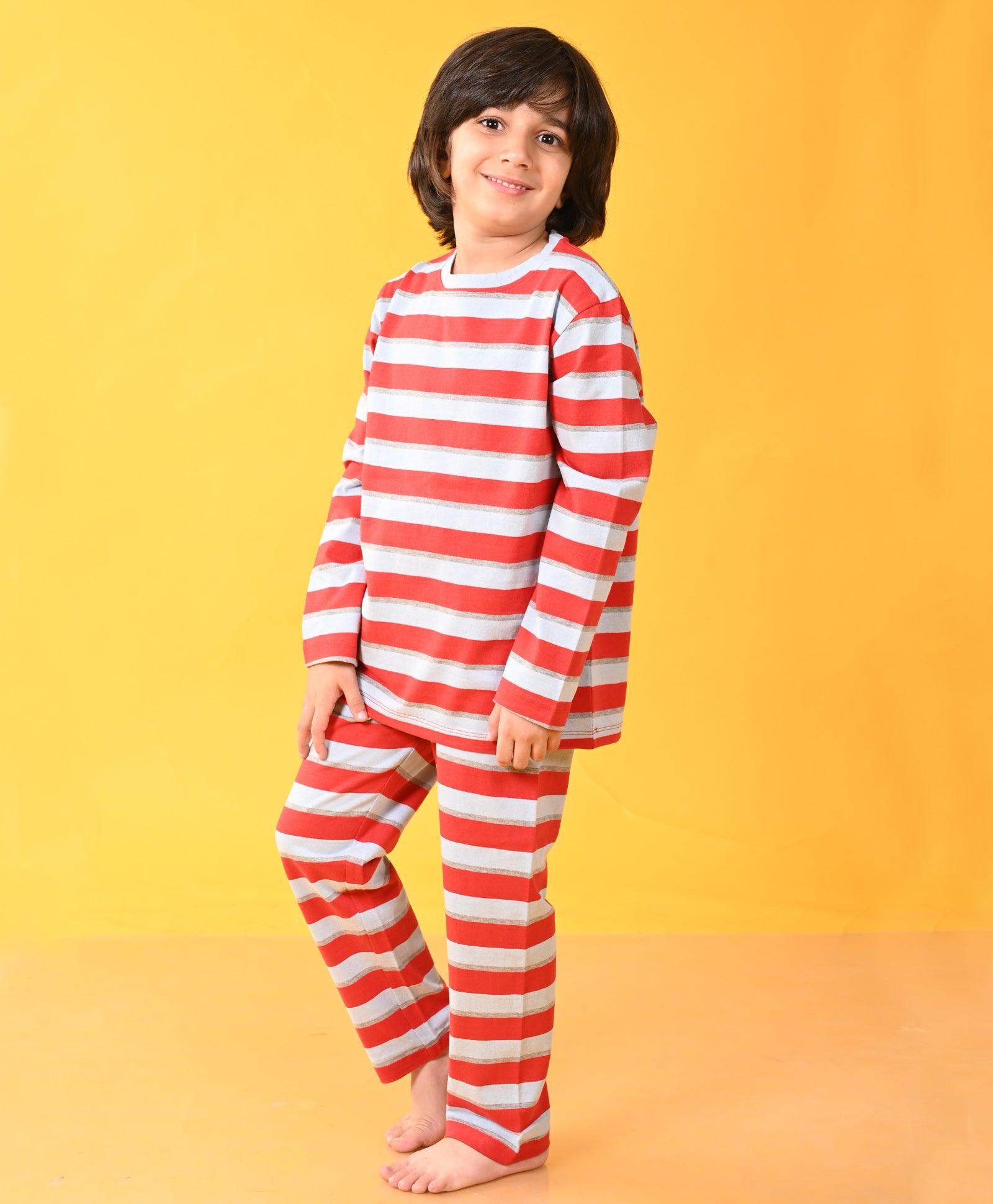 RED SKY GREY MELANGE STRIPED LONG SLEEVES BOYS PYJAMA SET - Anthrilo 