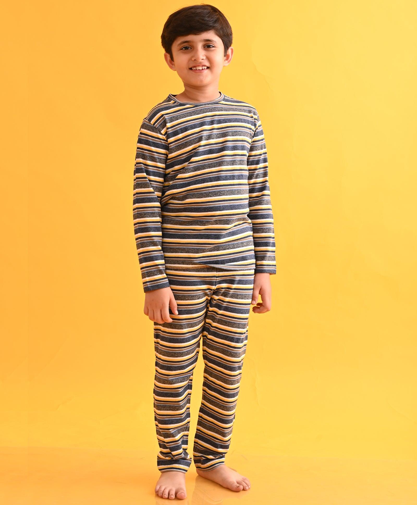 NAVY GRINDLE MUSTARD STRIPED LONG SLEEVES BOYS PYJAMA SET - Anthrilo 