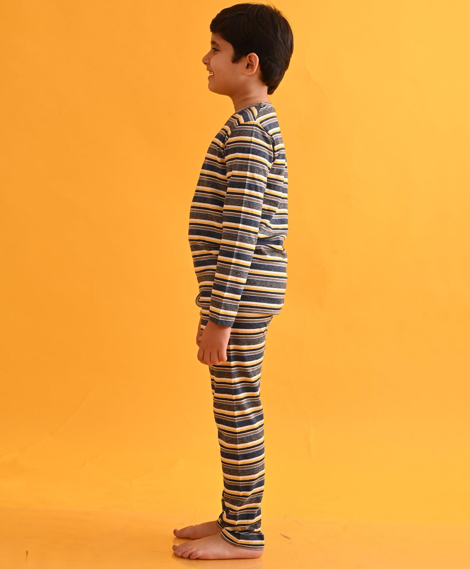 NAVY GRINDLE MUSTARD STRIPED LONG SLEEVES BOYS PYJAMA SET - Anthrilo 