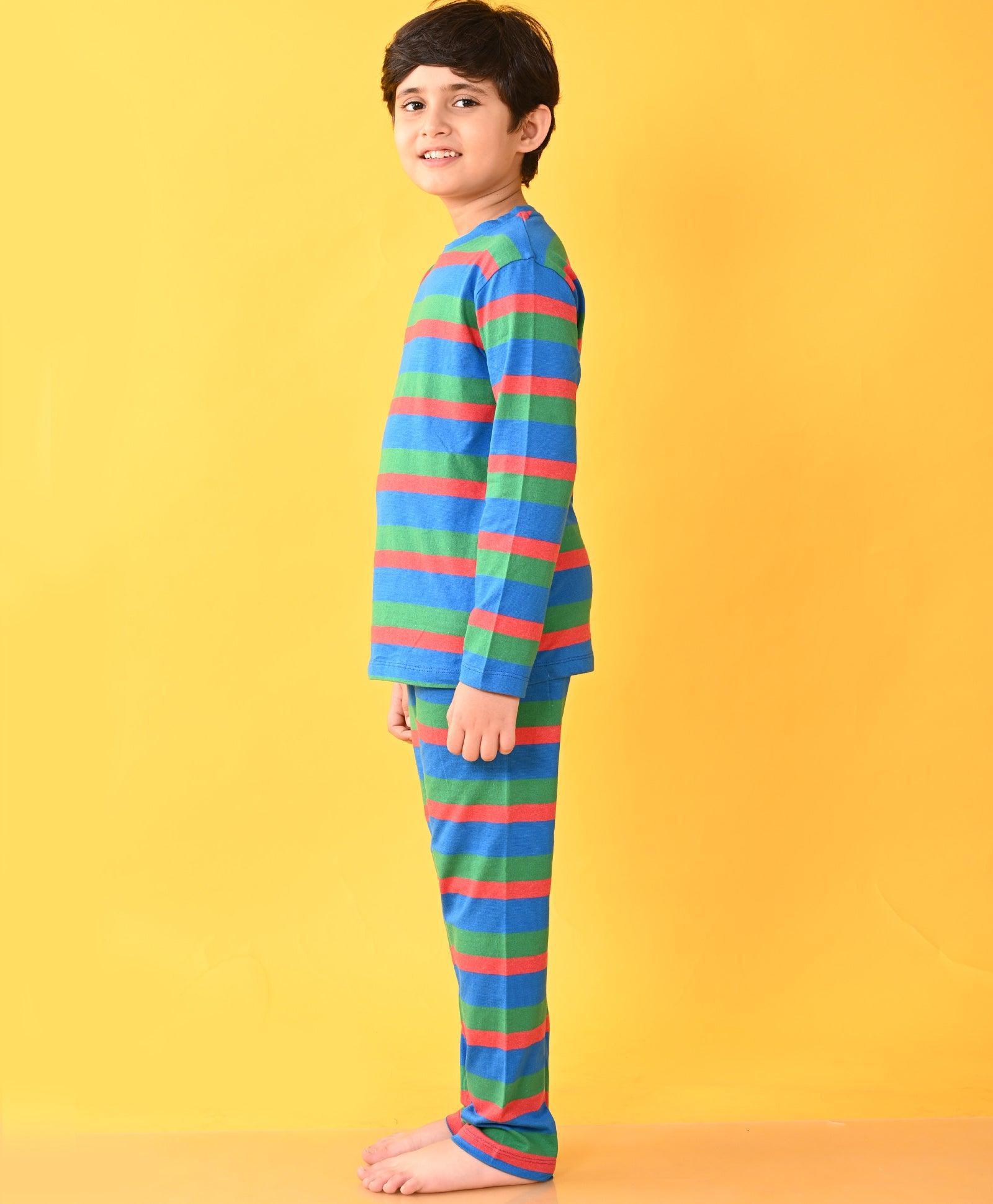 GREEN ROYAL RED STRIPED BOYS LONG SLEEVES PYJAMA SET - Anthrilo 