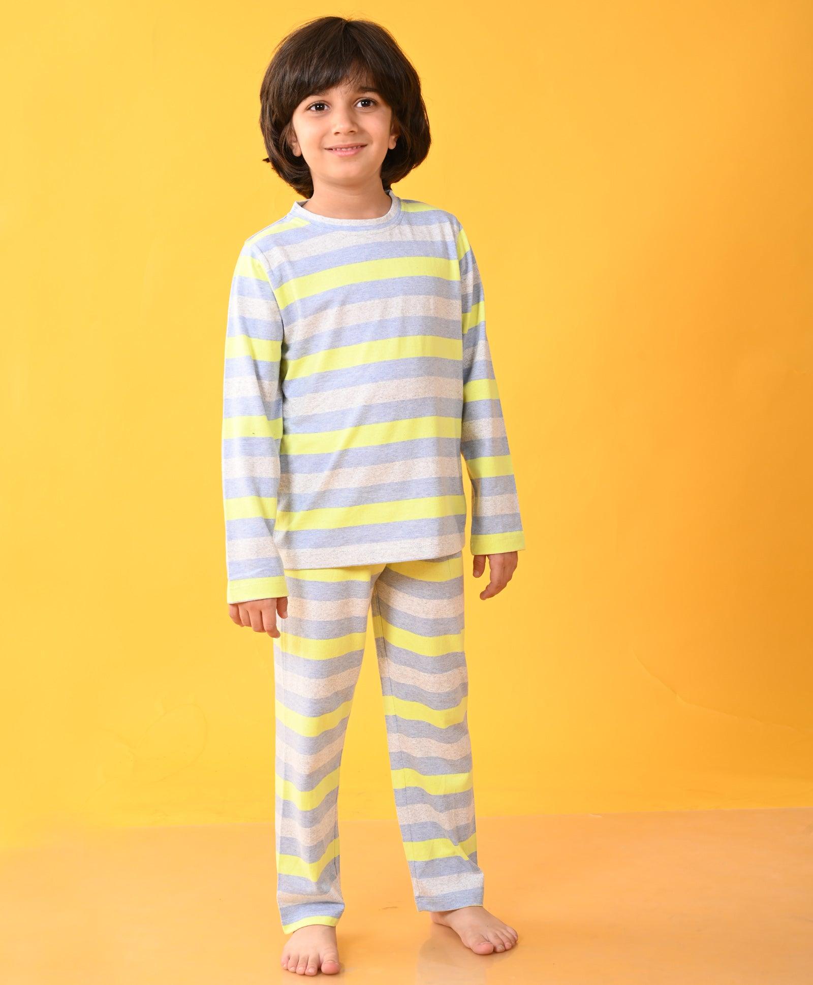 GREY BLUE LIME STRIPED LONG SLEEVES BOYS PYJAMA SET - Anthrilo 