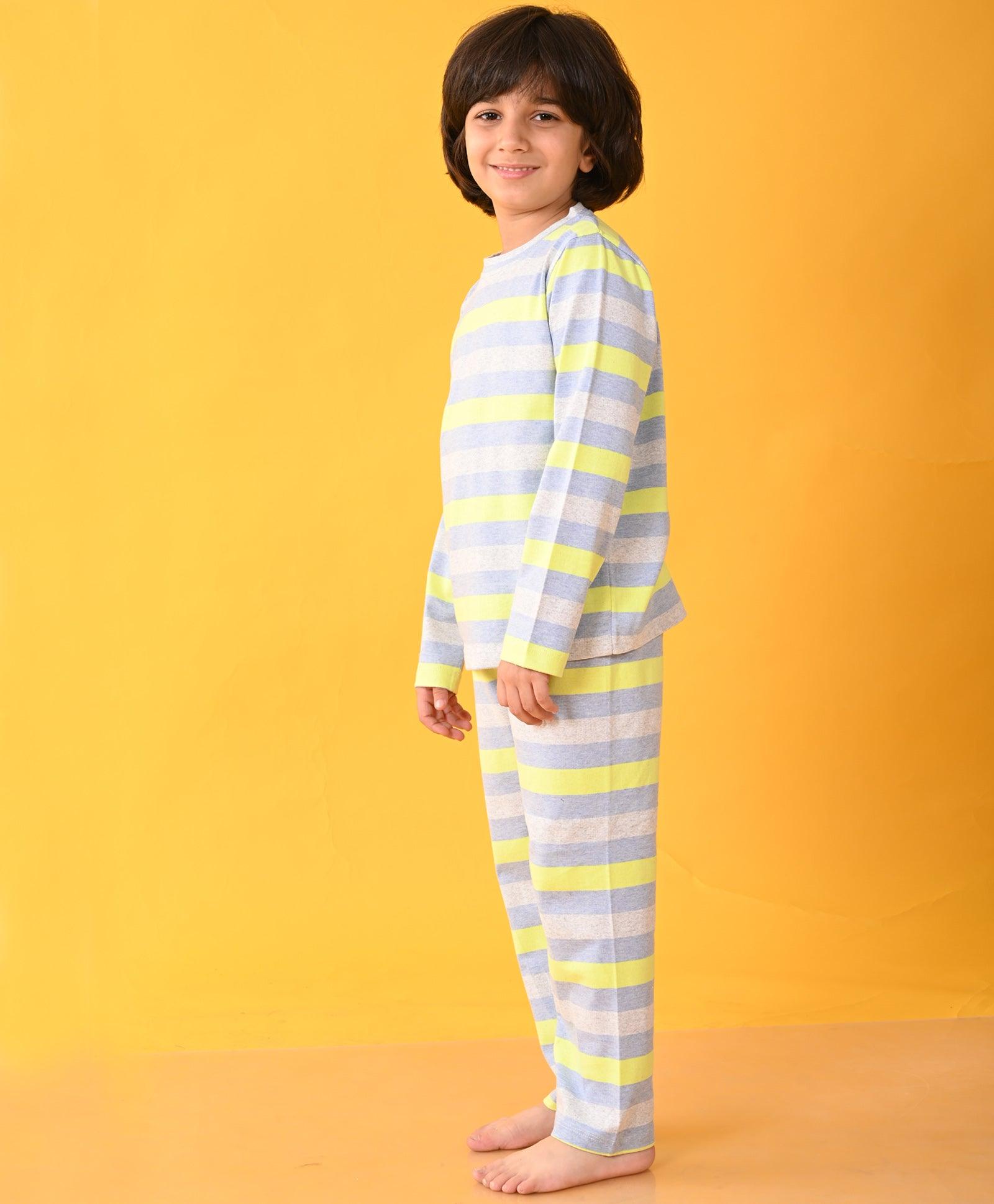 GREY BLUE LIME STRIPED LONG SLEEVES BOYS PYJAMA SET - Anthrilo 