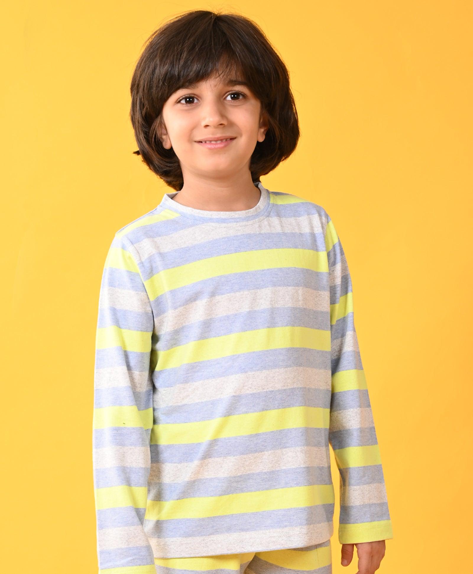 GREY BLUE LIME STRIPED LONG SLEEVES BOYS PYJAMA SET - Anthrilo 