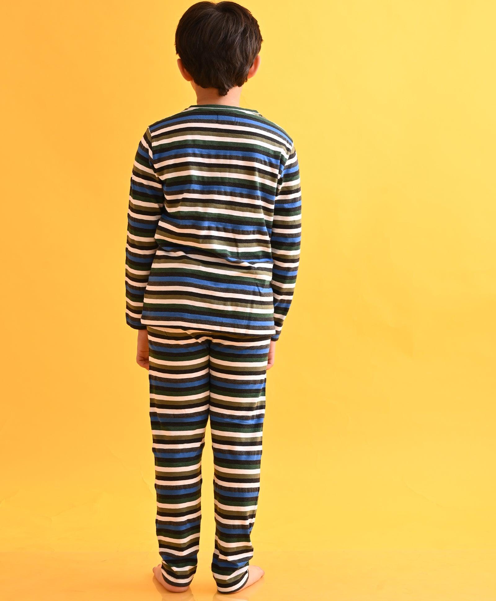 ANTHRA MELANGE BLACK OLIVE STRIPED BOYS LONG SLEEVES PYJAMA SET - Anthrilo 