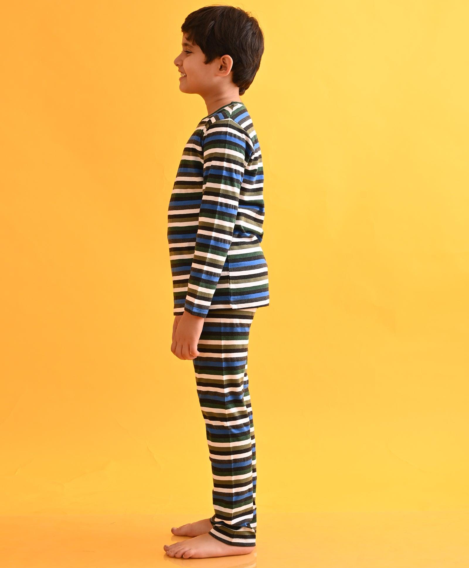 ANTHRA MELANGE BLACK OLIVE STRIPED BOYS LONG SLEEVES PYJAMA SET - Anthrilo 