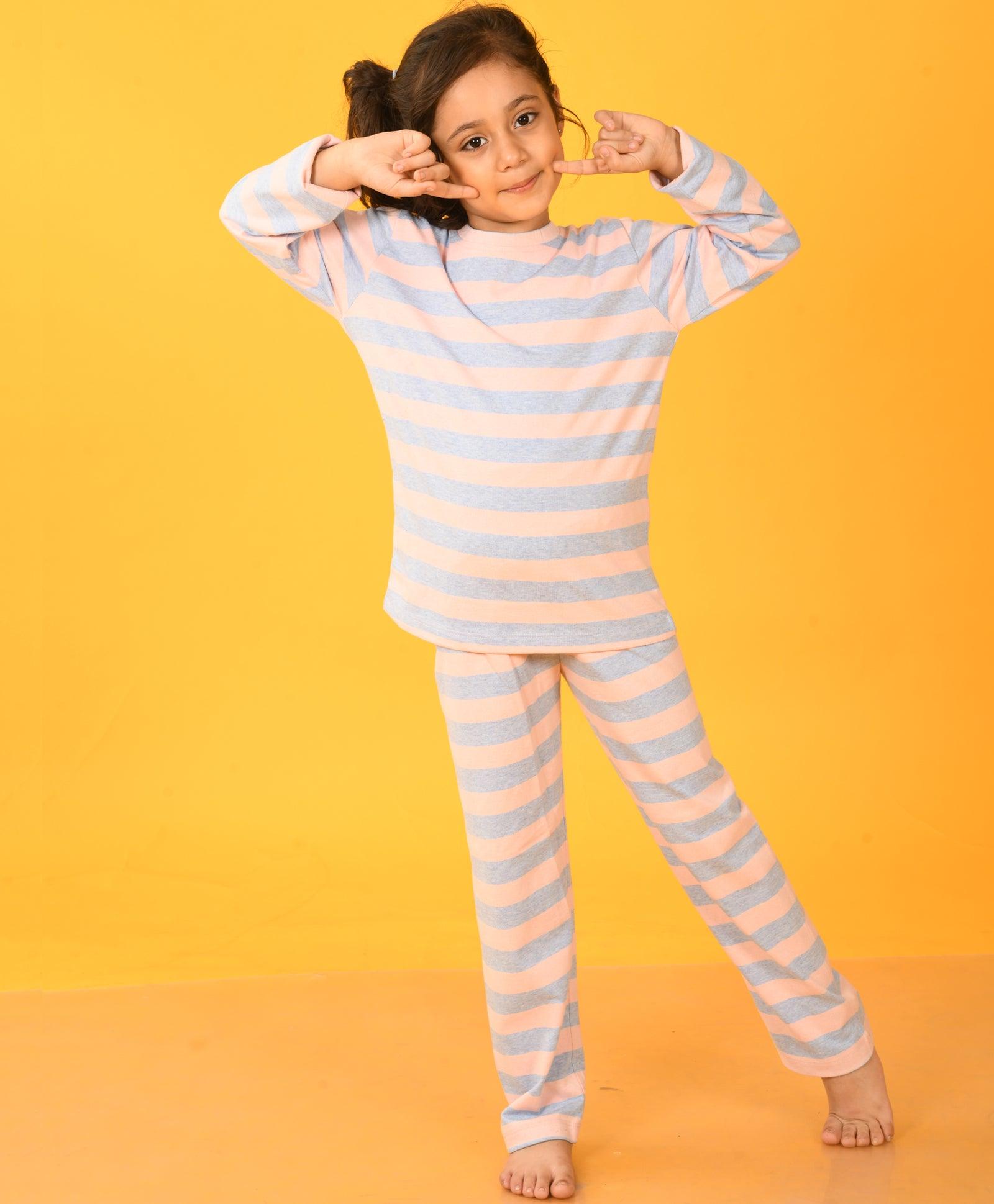 PINK BLUE STRIPED LONG SLEEVES GIRLS PYJAMA SET - Anthrilo 