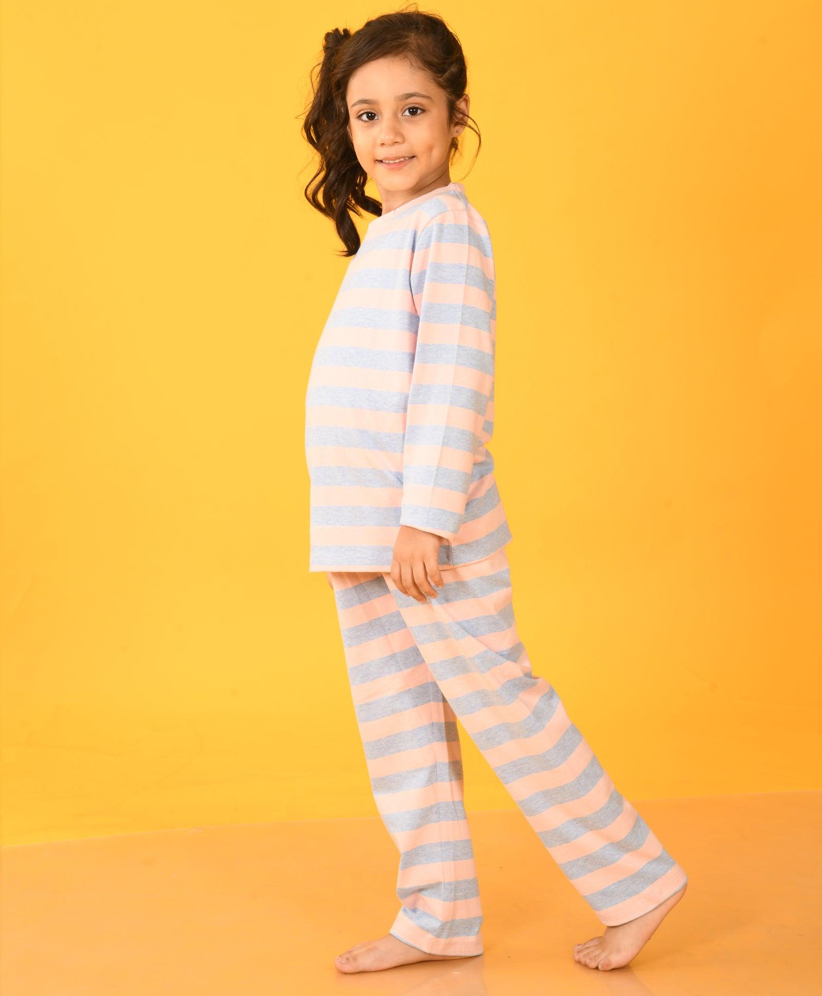 PINK BLUE STRIPED LONG SLEEVES GIRLS PYJAMA SET - Anthrilo 