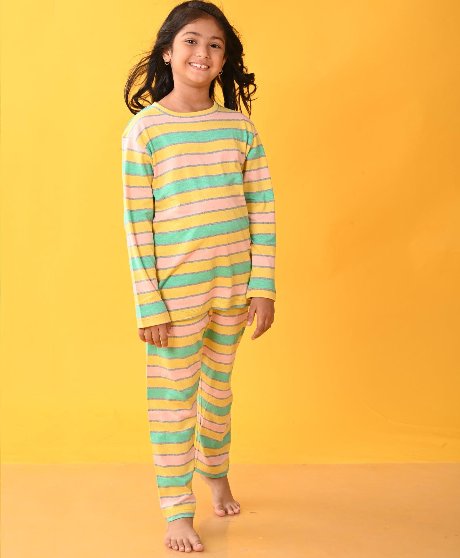 PEACH AQUA YELLOW GREY STRIPED LONG SLEEVES GIRLS PYJAMA SET - Anthrilo 