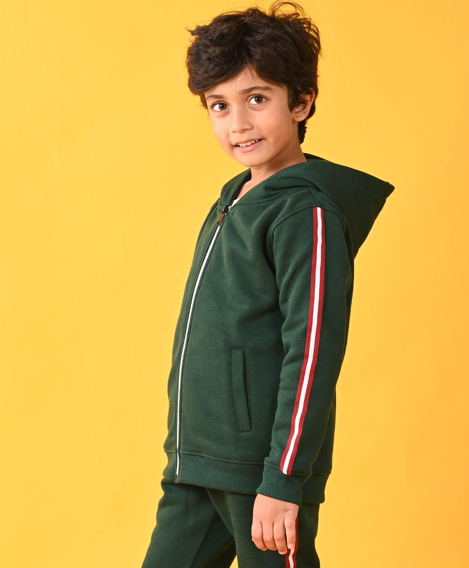 GREEN SIDE TAPE BOYS FLEECE ZIPPER HOODIE - GREEN - Anthrilo 