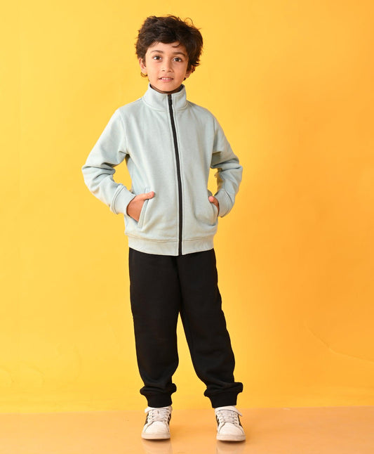 OIL GREEN FULL ZIPPER BLACK FLEECE BOYS SWEATSHIRT JOGGER SET - OIL GREEN / BLACK - Anthrilo 