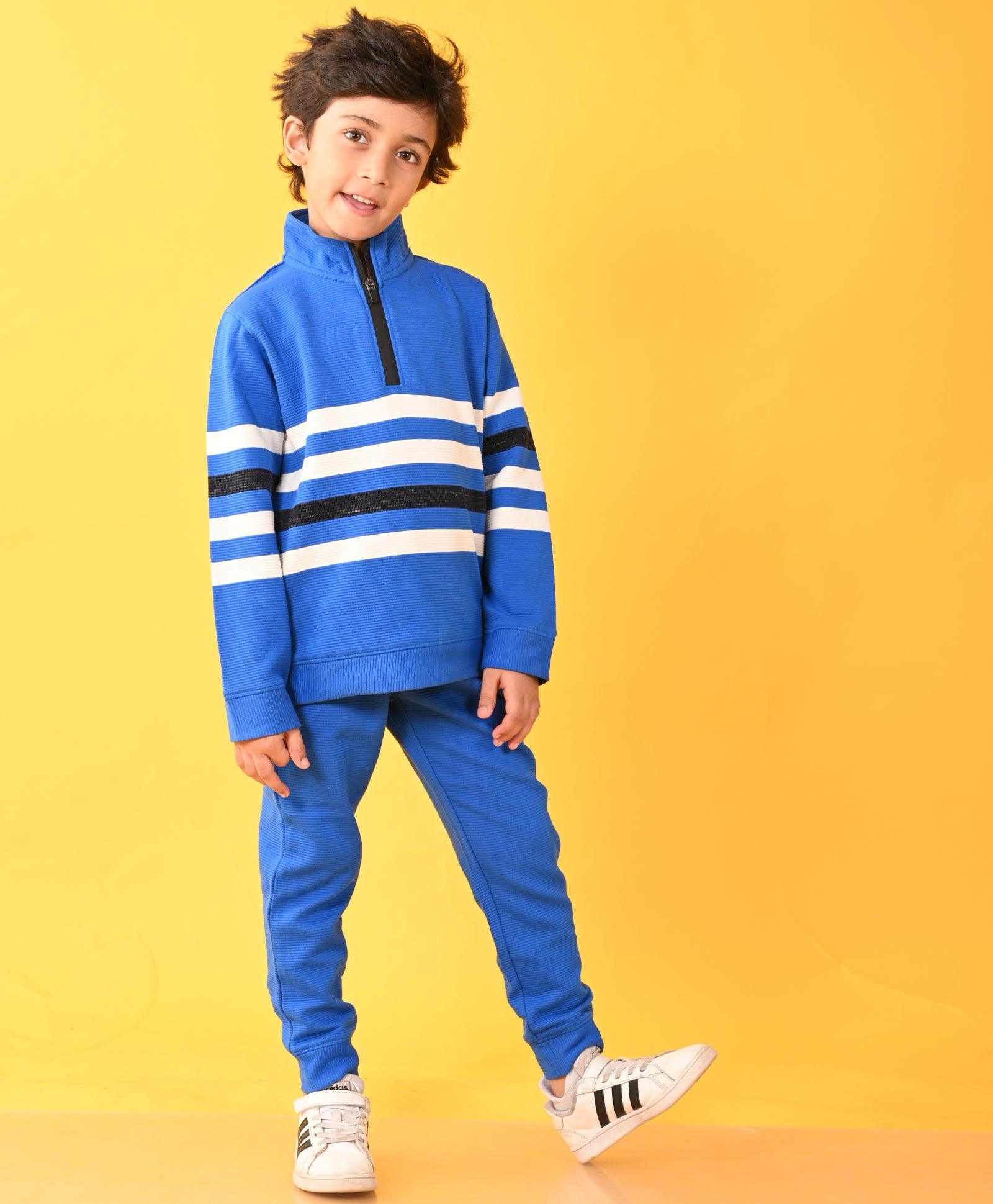 ROYAL STRIPER HALF ZIPPER FLEECE SWEATSHIRT JOGGER SET - ROYAL - Anthrilo 