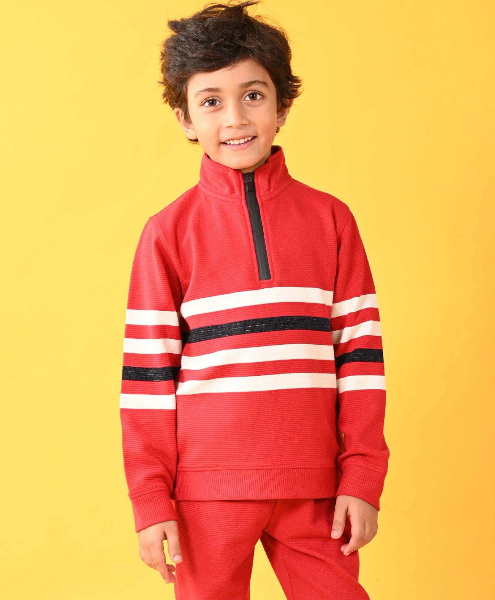 RED STRIPER HALF ZIPPER BOYS SWEATSHIRT - RED - Anthrilo 