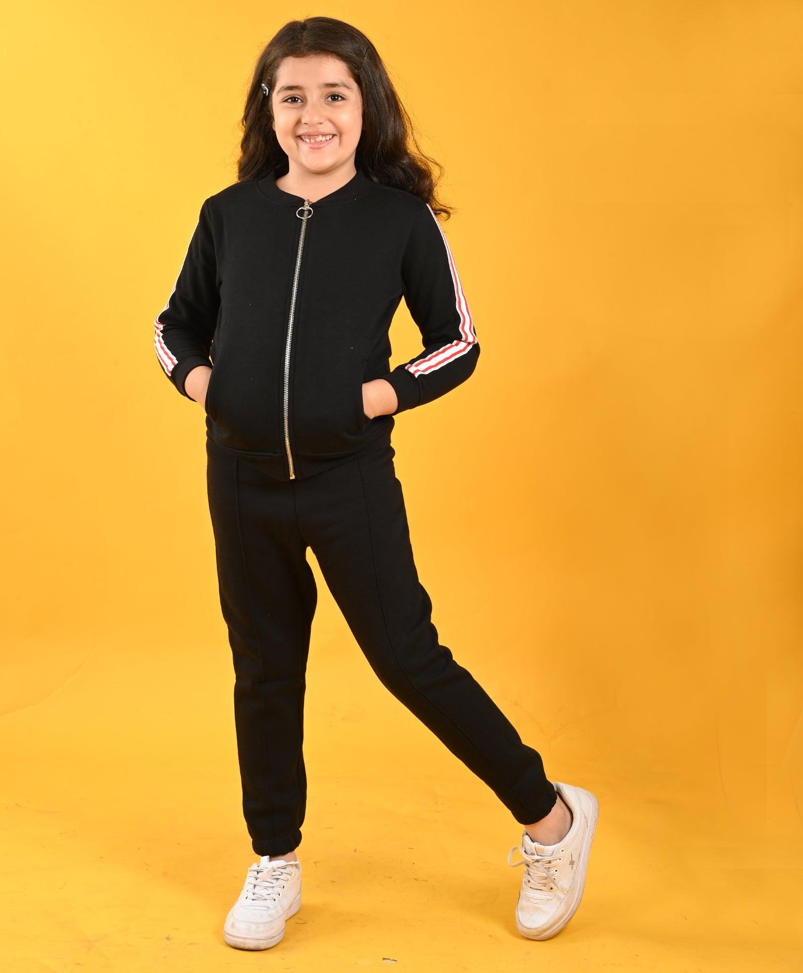 BLACK SIDE TAPE GIRLS FLEECE JOGGER SET - BLACK - Anthrilo 