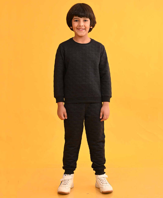 QUILTED BLACK MELANGE FLEECE BOYS SWEATSHIRT JOGGER SET  - BLACK