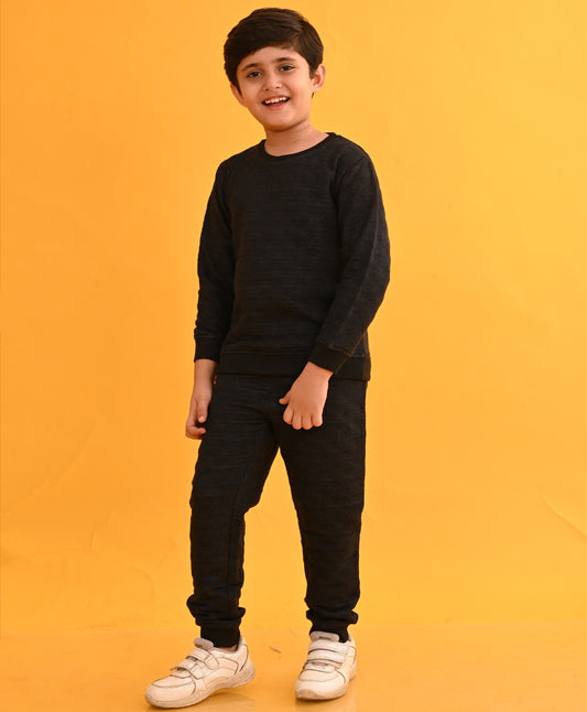 QUILTED BLACK MELANGE FLEECE BOYS SWEATSHIRT JOGGER SET D - BLACK