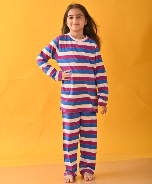 PINK ROYAL PURPLE STRIPES LONG SLEEVE PYJAMA SET - MULTI - Anthrilo 