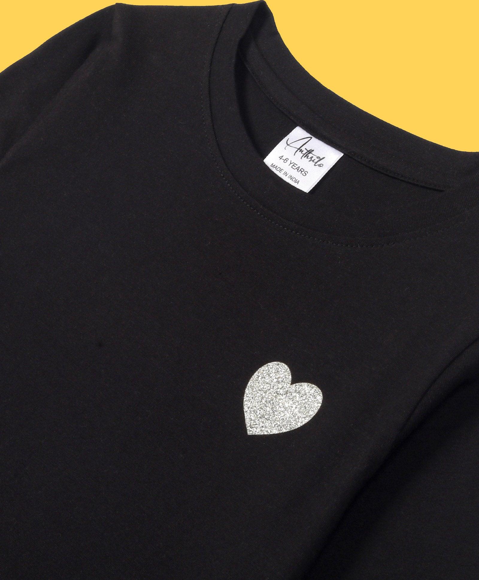 SILVER HEART BLACK LONG SLEEVES T-SHIRT - BLACK - Anthrilo 