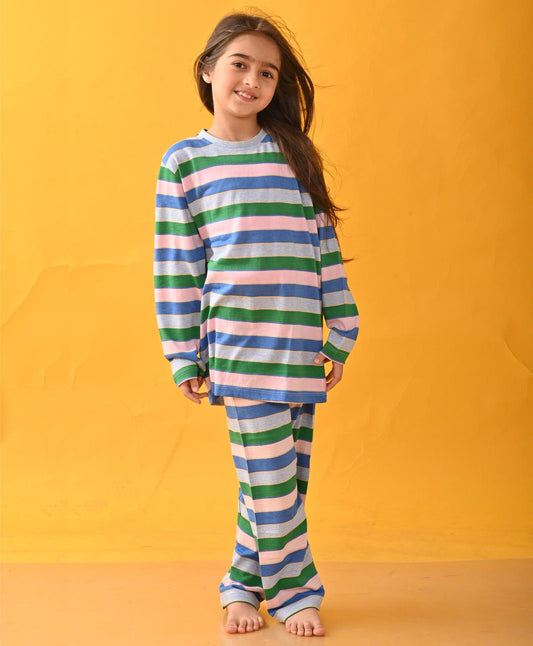 GREEN PINK ROYAL SKY STRIPE LONG SLEEVE PYJAMA SET - MULTI