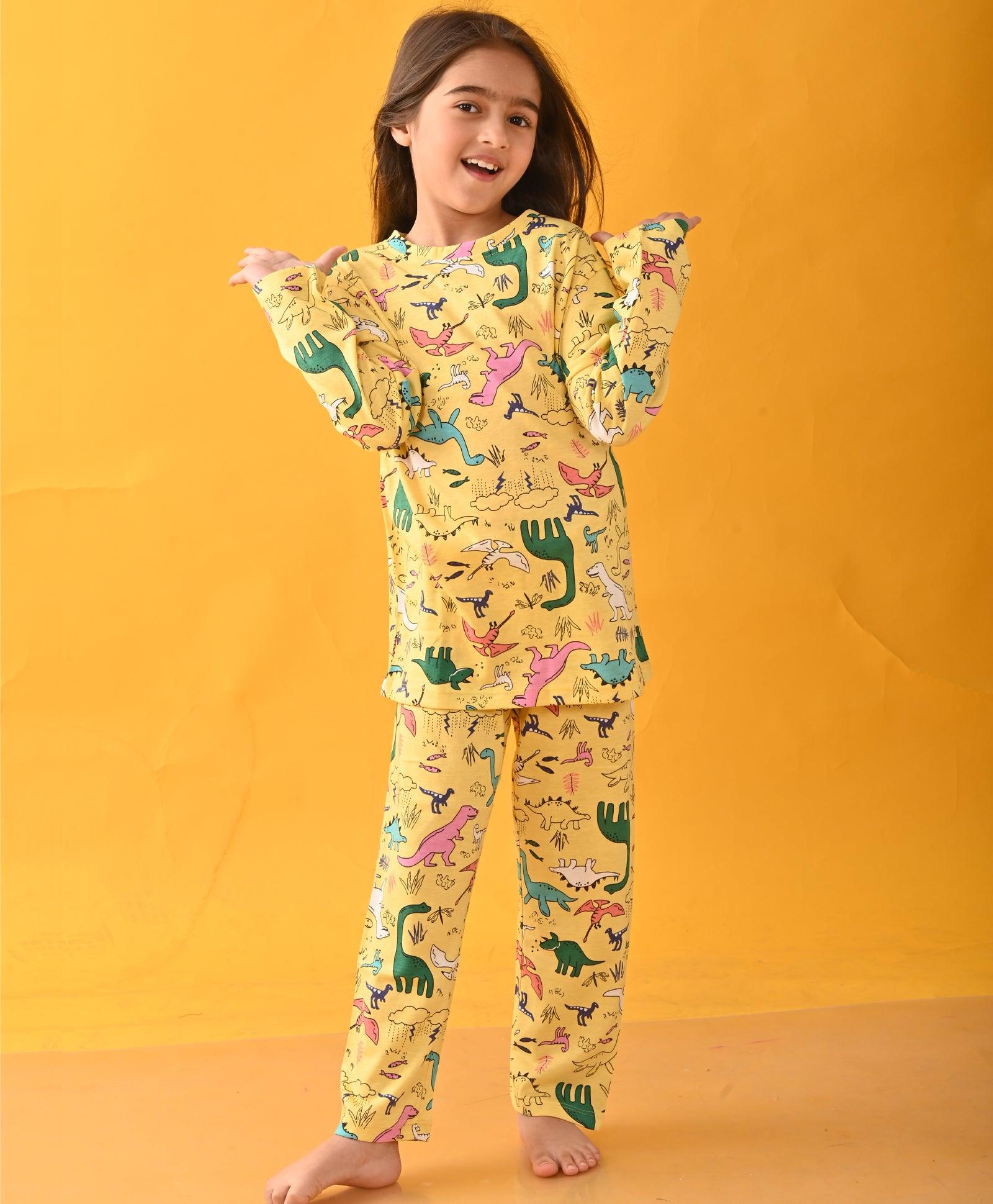 RAINING DINOSAUR GIRLS LONG SLEEVES PYJAMA SET - YELLOW - Anthrilo 