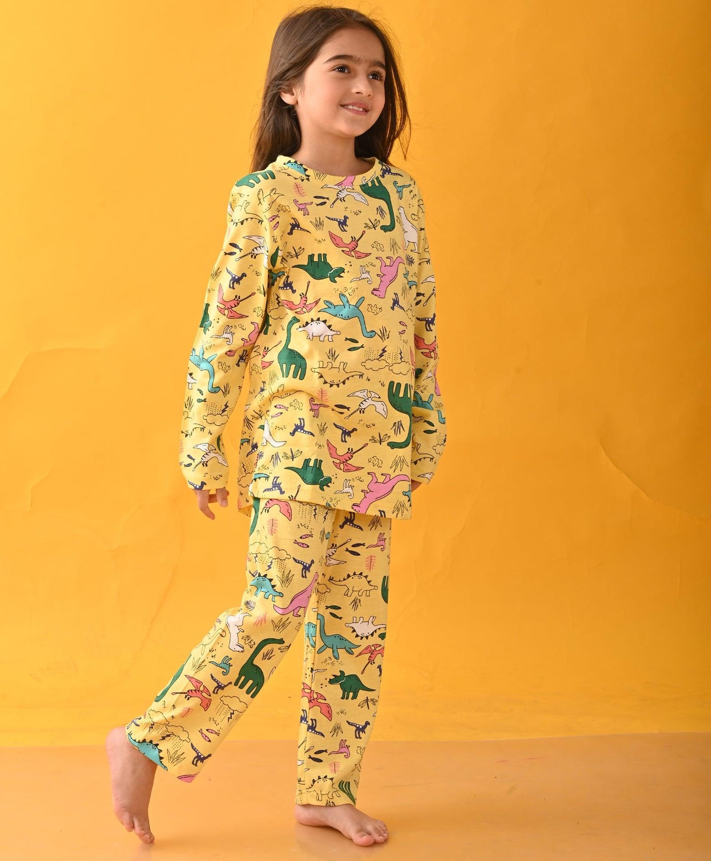 RAINING DINOSAUR GIRLS LONG SLEEVES PYJAMA SET - YELLOW - Anthrilo 