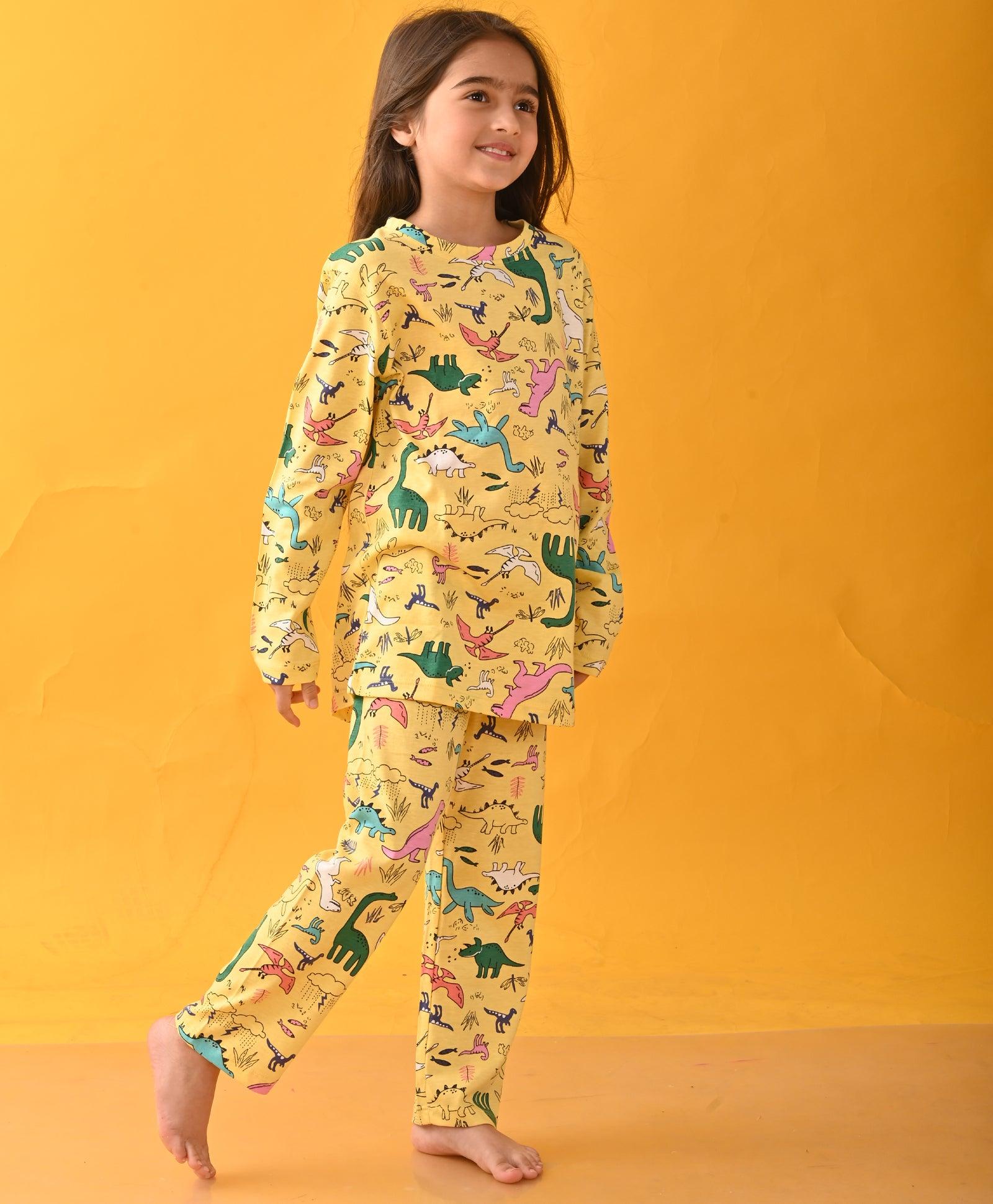 RAINING DINOSAUR GIRLS LONG SLEEVES PYJAMA SET - YELLOW - Anthrilo 