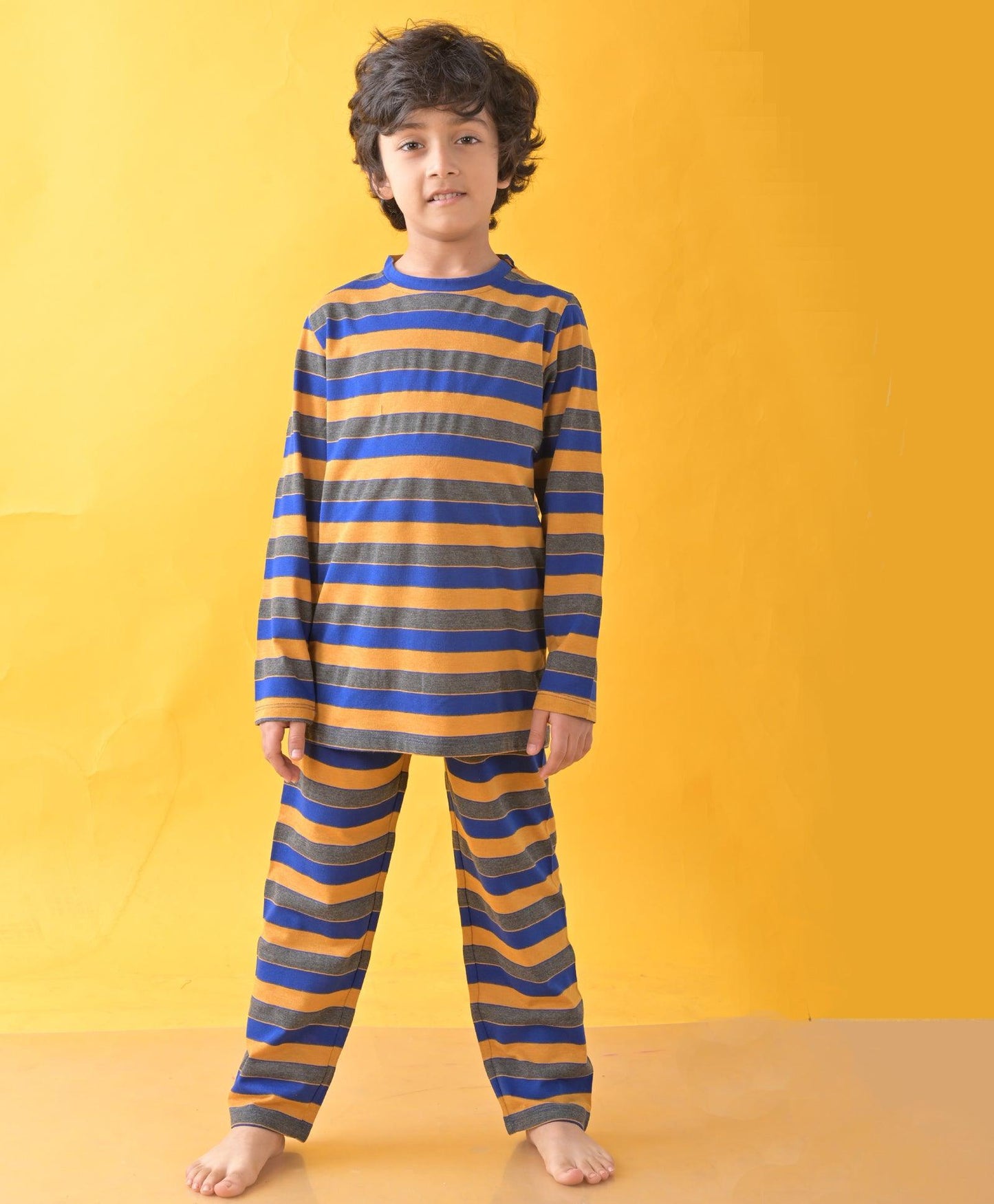 ROYAL MUSTARD DARK GREY STRIPES LONG SLEEVE BOYS PYJAMA SET - MULTI - Anthrilo 