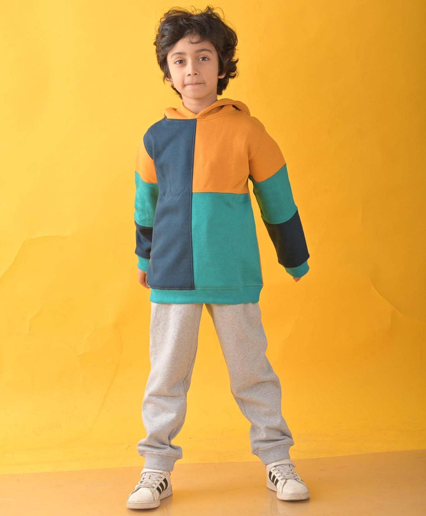 YELLOW GREEN BLUE COLOR BLOCK FLEECE HOODIE GREY JOGGER SET - YELLOW/GREY - Anthrilo 