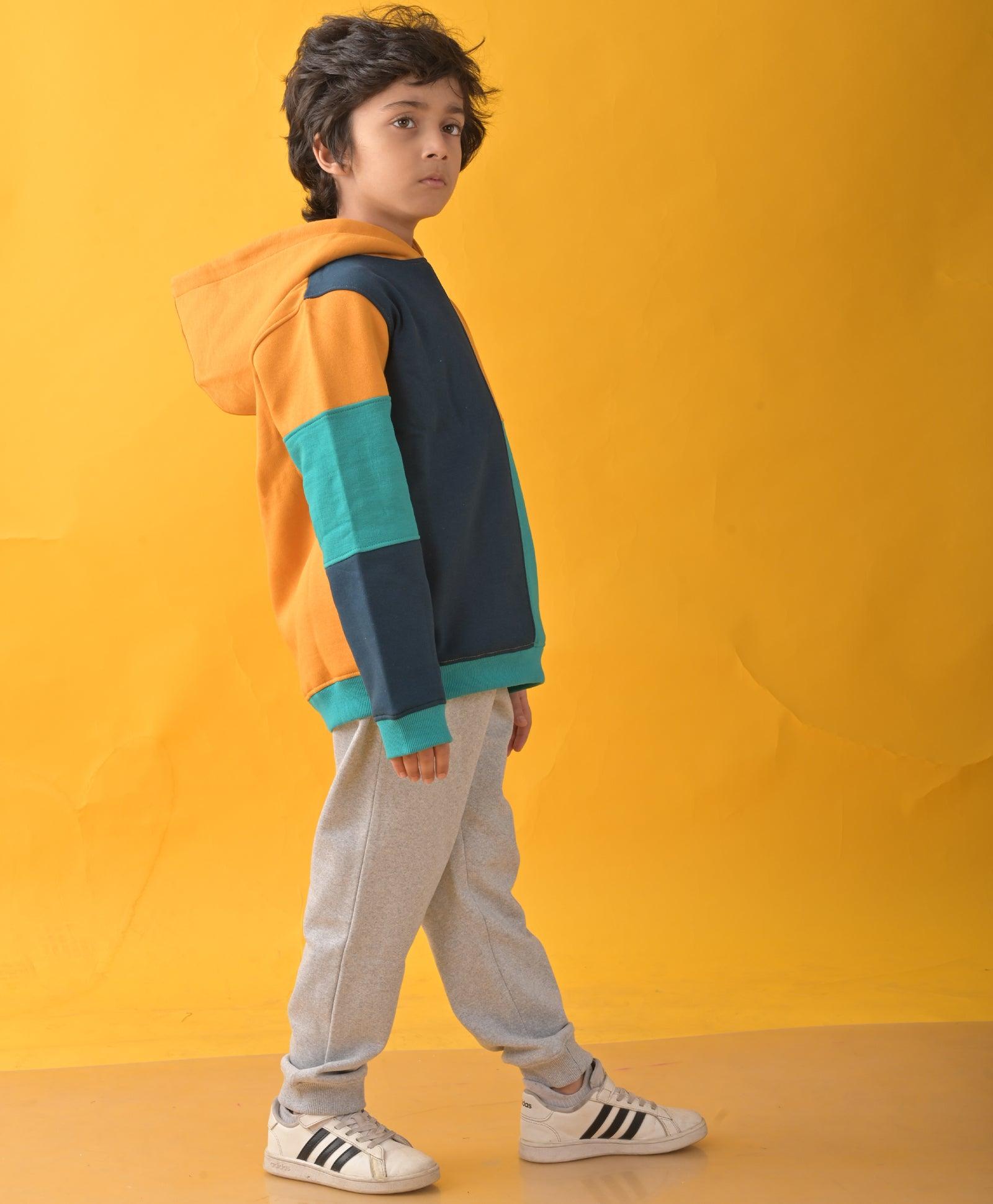 YELLOW GREEN BLUE COLOR BLOCK FLEECE HOODIE GREY JOGGER SET - YELLOW/GREY - Anthrilo 