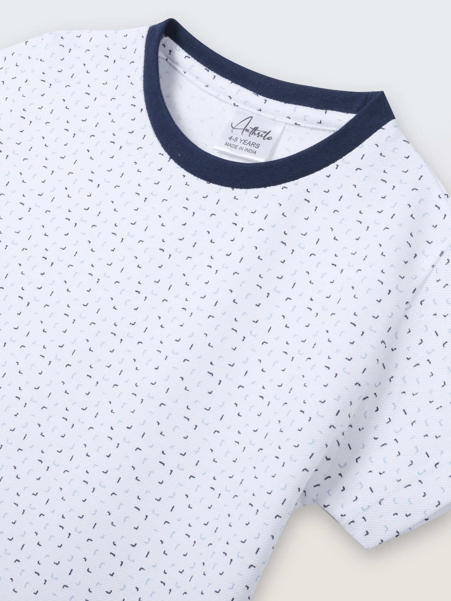 WHITE DOTTED NAVY RIB SHORT SLEEVE BOYS T-SHIRT - WHITE