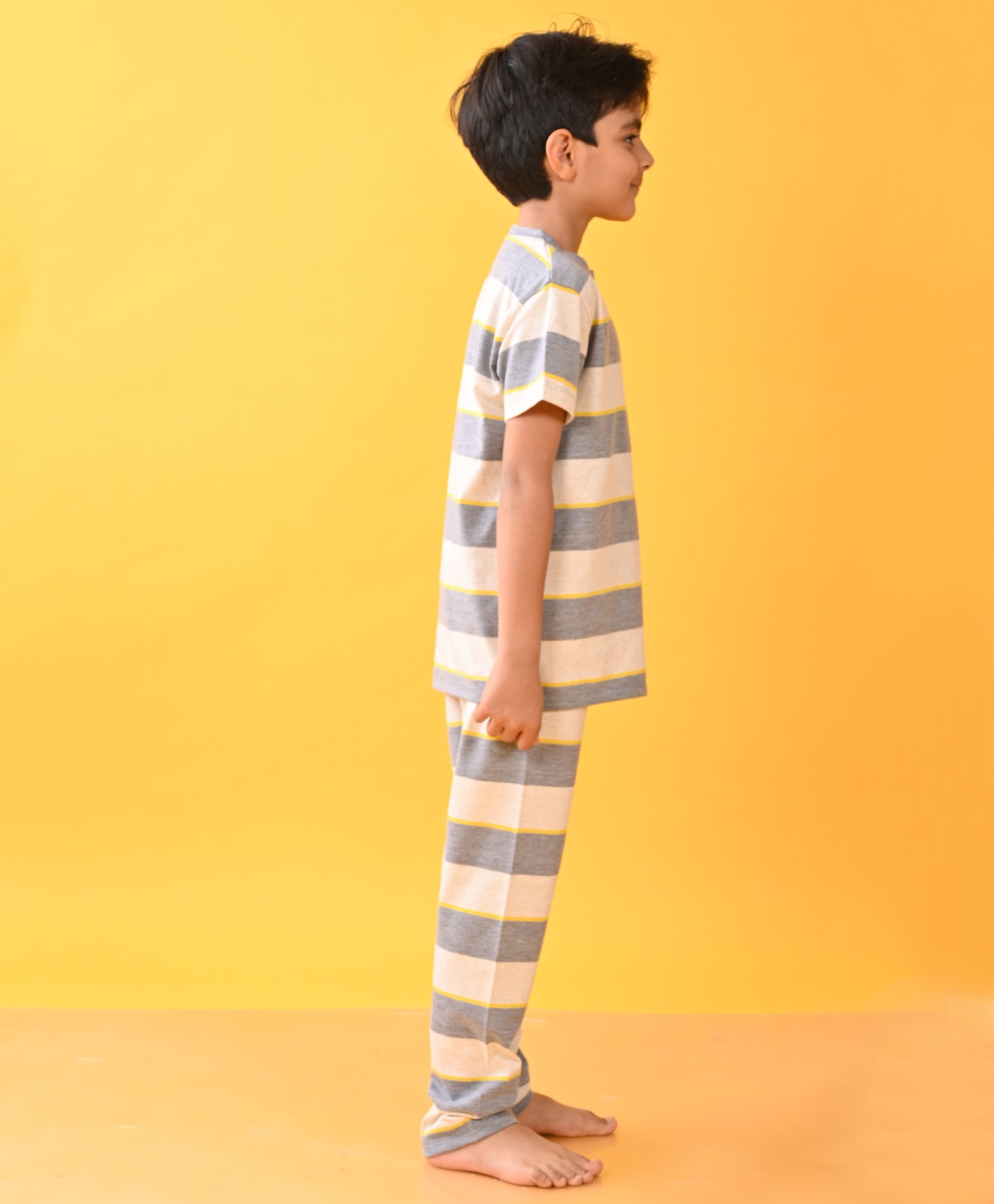 GREY YELLOW STRIPED SHORT SLEEVES BOYS PYJAMA SET - GREY