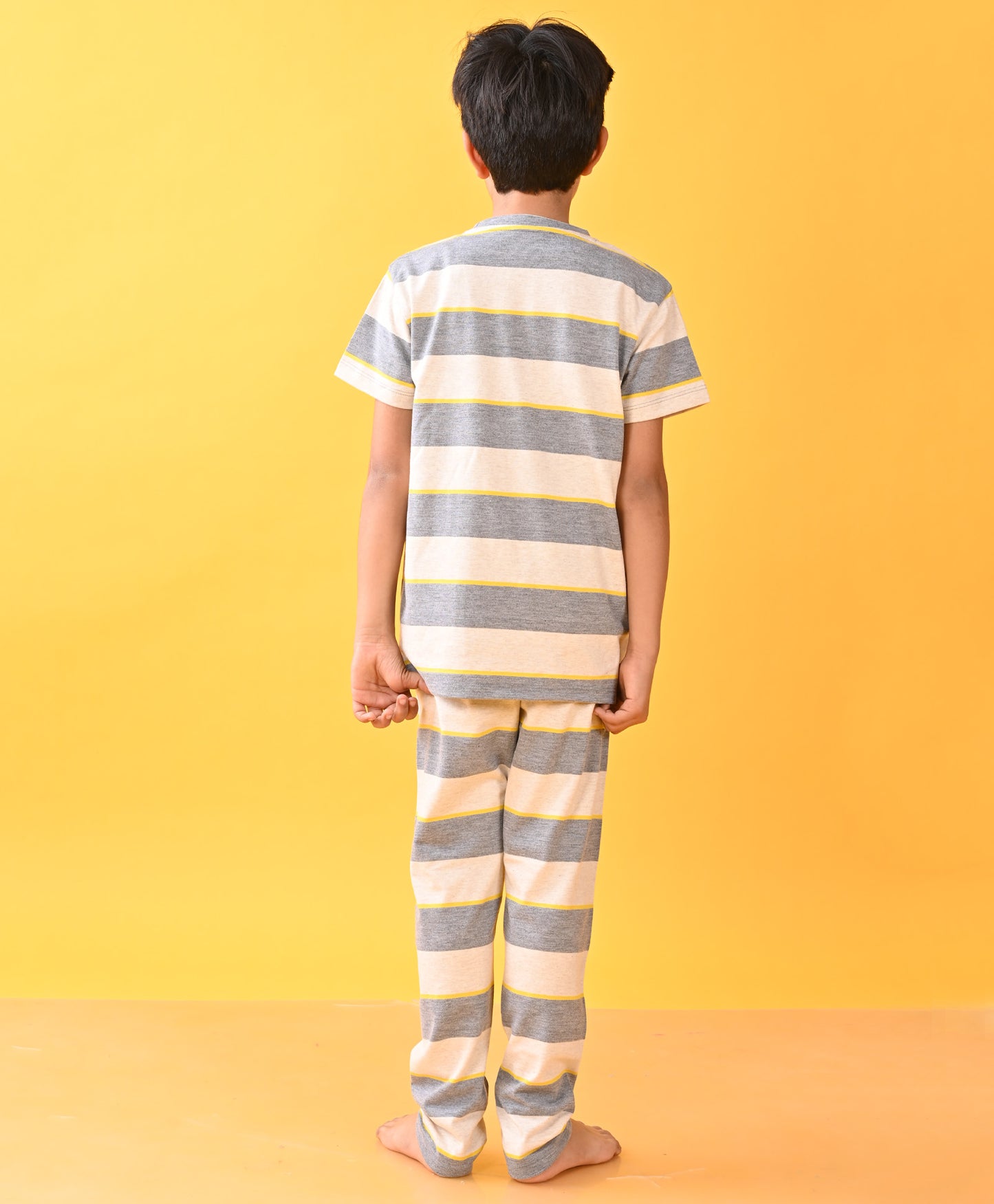 GREY YELLOW STRIPED SHORT SLEEVES BOYS PYJAMA SET - GREY