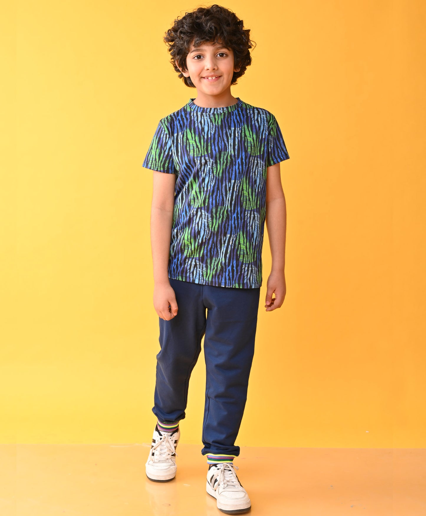 TROPICAL STRIES NAVY RIBBED SUMMER BOYS JOGGER SET - BLUE