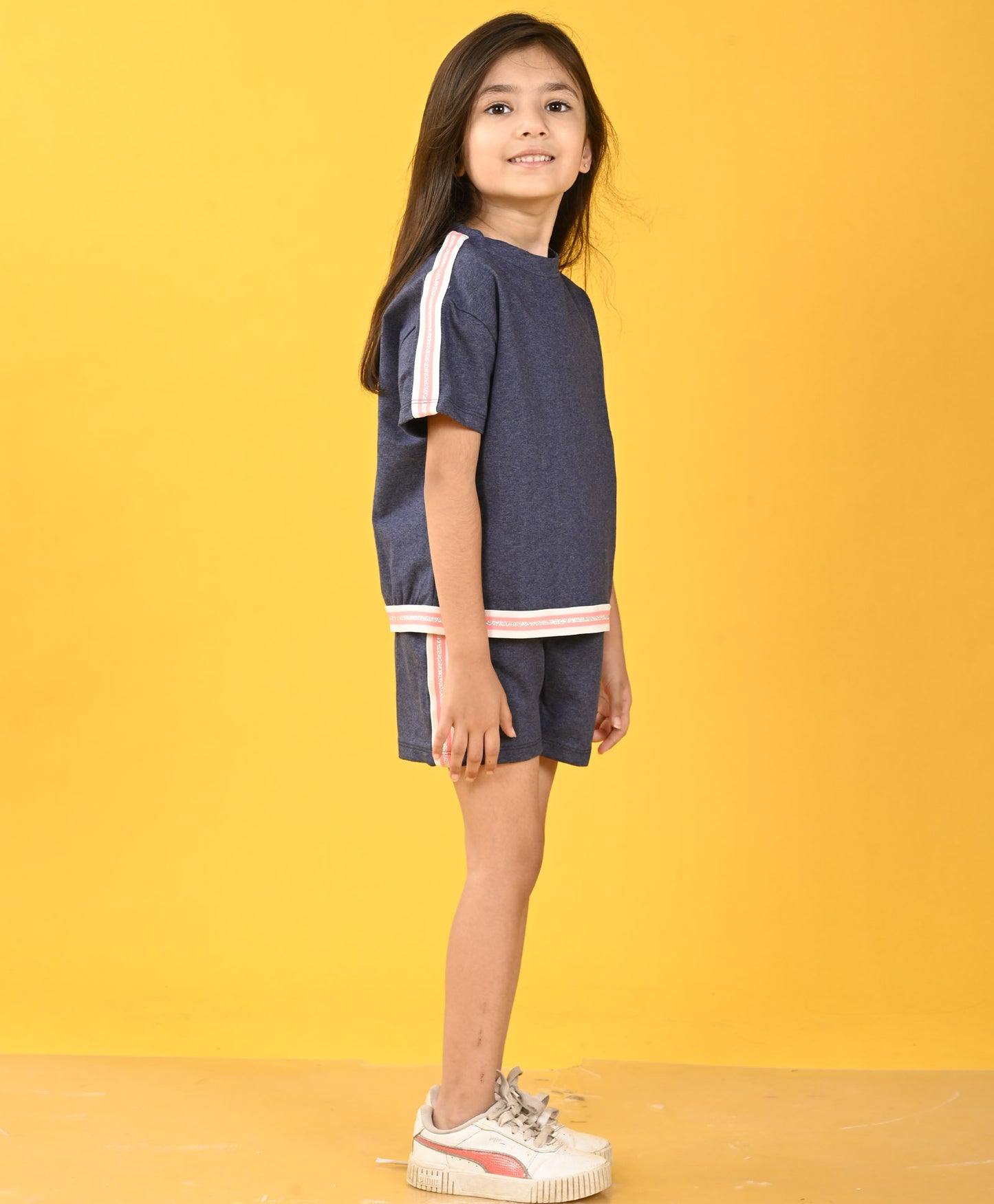 BLUE MELANGE SIDE TAPE GIRLS SHORTS SET - BLUE