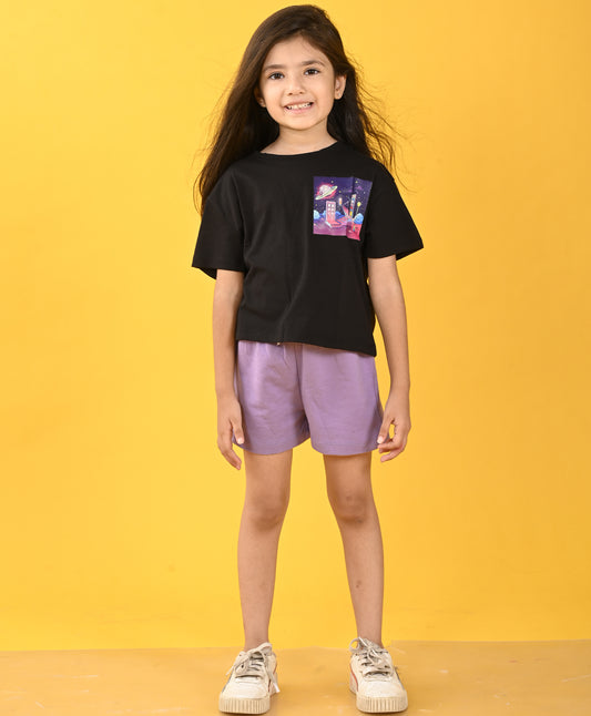 PLANET BLACK PURPLE GIRLS SHORTS SET - BLACK/PURPLE