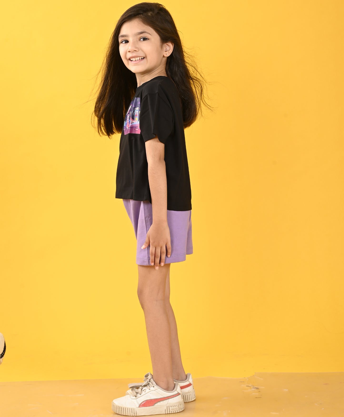 PLANET BLACK PURPLE GIRLS SHORTS SET - BLACK/PURPLE