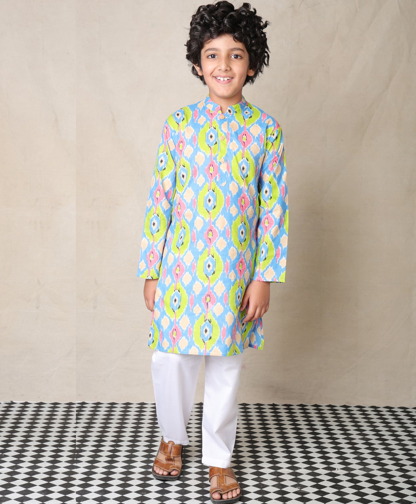 BLUE IKAT PRINTED PURE COTTON KURTA WITH WHITE COTTON PAJAMA - SET OF 2