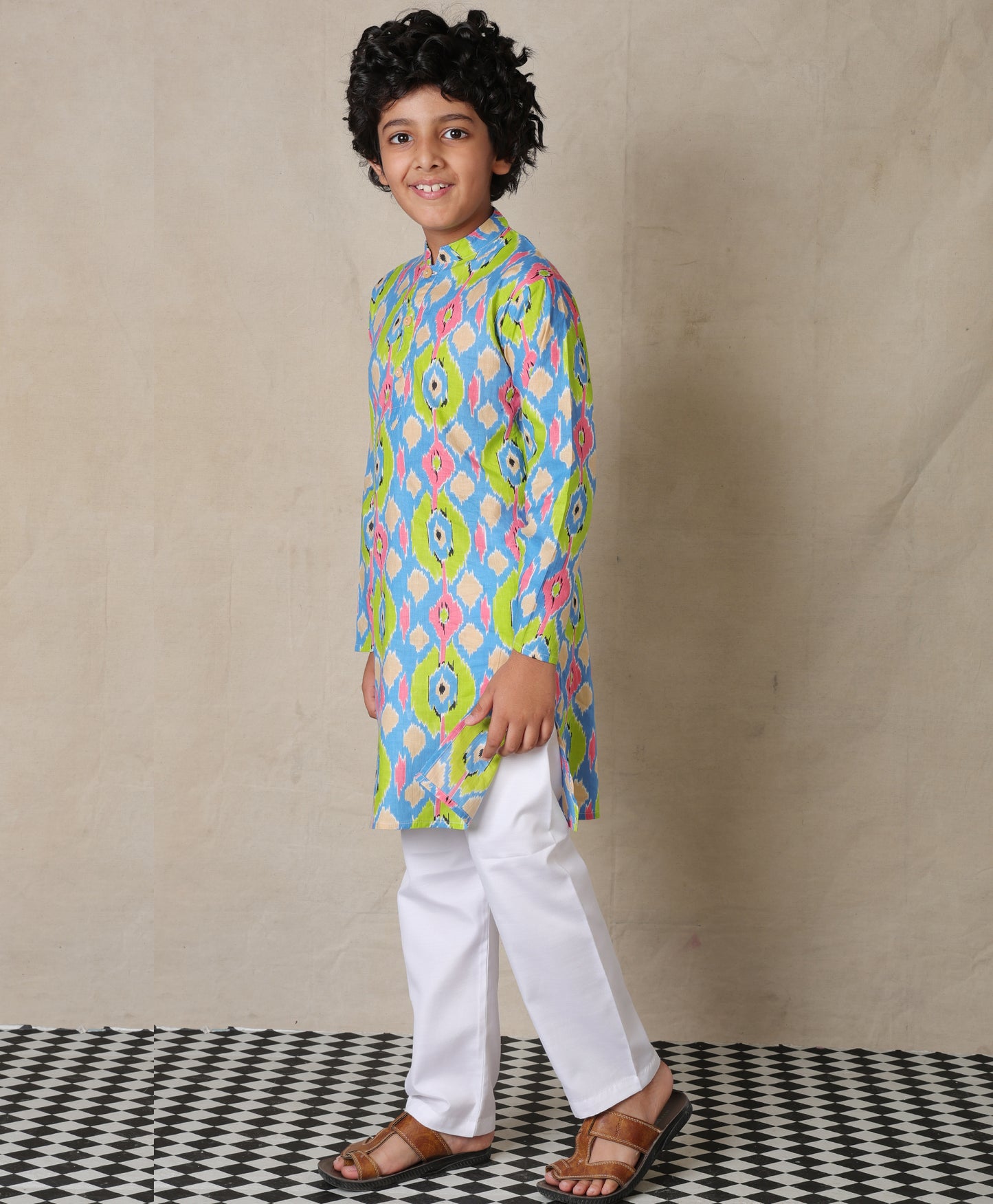 BLUE IKAT PRINTED PURE COTTON KURTA WITH WHITE COTTON PAJAMA - SET OF 2