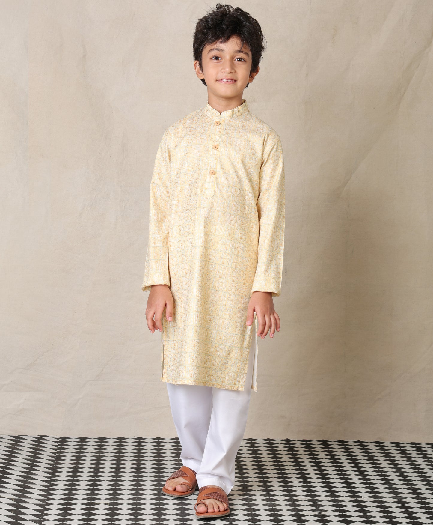 YELLOW FESTIVE PRINTED PURE COTTON KURTA WITH WHITE COTTON PAJAMA - SET OF 2