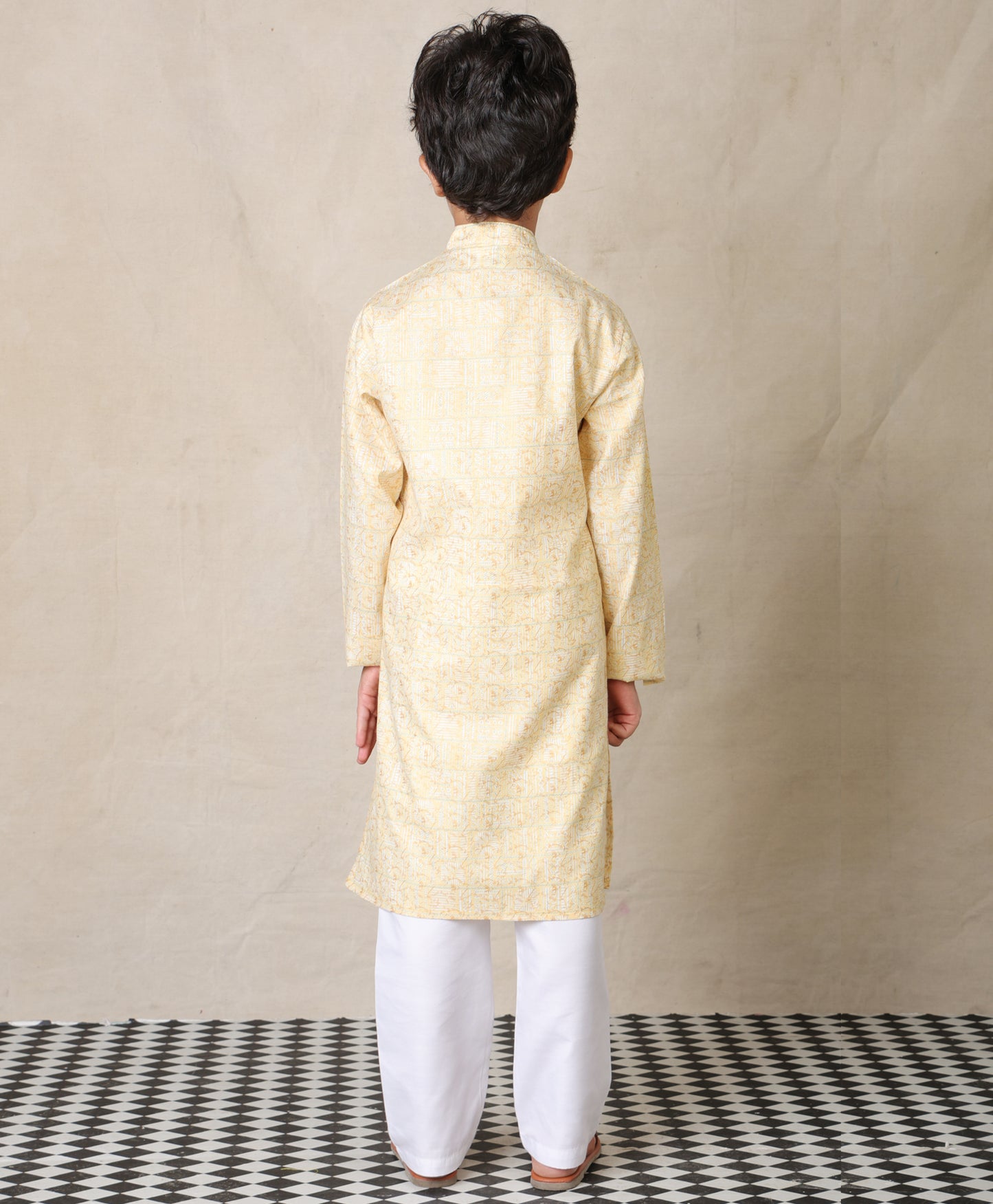 YELLOW FESTIVE PRINTED PURE COTTON KURTA WITH WHITE COTTON PAJAMA - SET OF 2