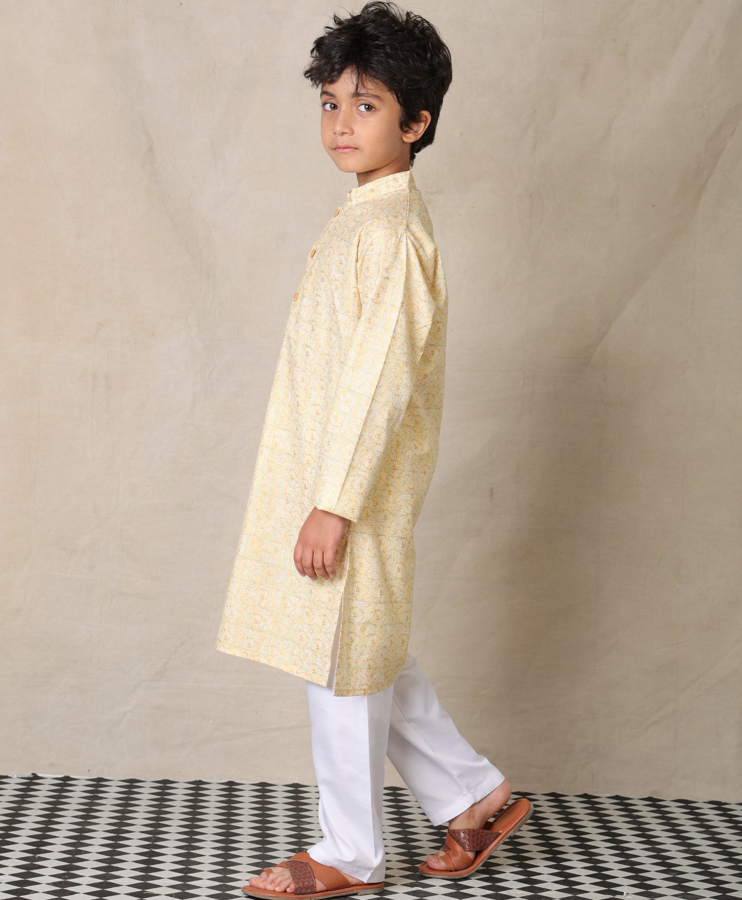 YELLOW FESTIVE PRINTED PURE COTTON KURTA WITH WHITE COTTON PAJAMA - SET OF 2