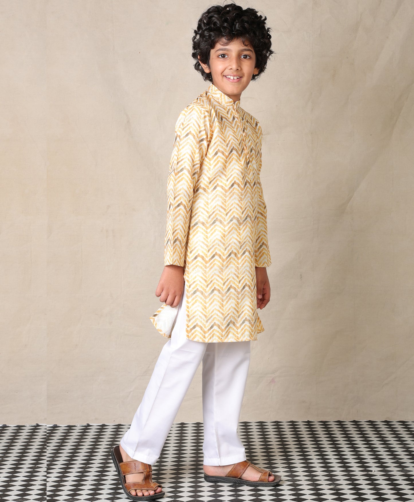 YELLOW PRINTED THREAD EMBROIDERED PURE COTTON KURTA WITH WHITE COTTON PAJAMA - SET OF 2