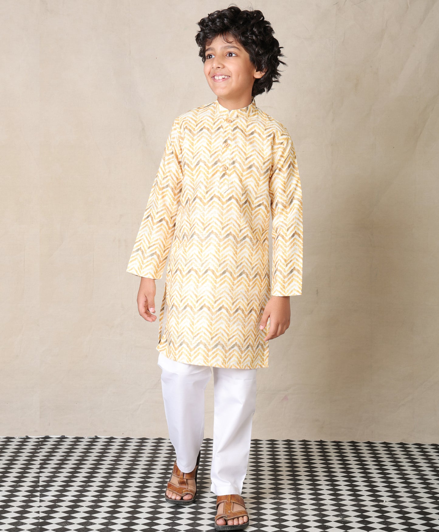 YELLOW PRINTED THREAD EMBROIDERED PURE COTTON KURTA WITH WHITE COTTON PAJAMA - SET OF 2